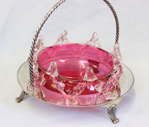 ANTIQUE CRANBERRY GLASS FRILLED DISH IN SILVER PLATED STAND - ADDITIONAL PHOTO 1