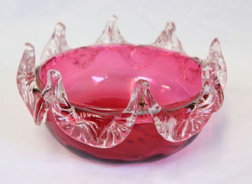 ANTIQUE CRANBERRY GLASS FRILLED DISH IN SILVER PLATED STAND - ADDITIONAL PHOTO 2