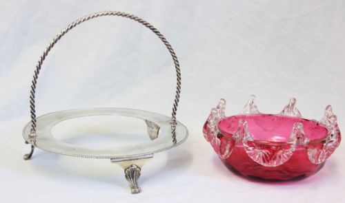 ANTIQUE CRANBERRY GLASS FRILLED DISH IN SILVER PLATED STAND - ADDITIONAL PHOTO 3