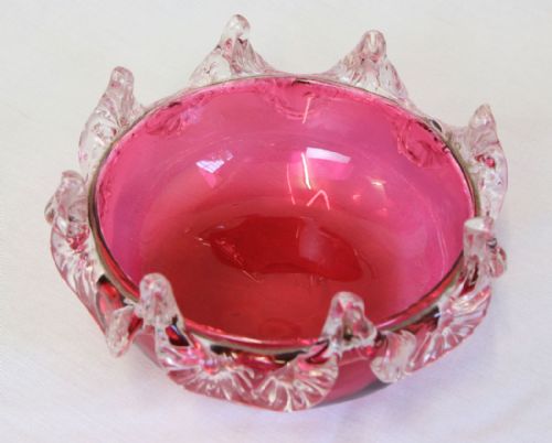 ANTIQUE CRANBERRY GLASS FRILLED DISH IN SILVER PLATED STAND - ADDITIONAL PHOTO 4