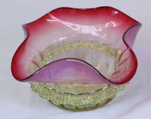 ANTIQUE CRANBERRY VASELINE GLASS PRESERVE DISH - ADDITIONAL PHOTO 2