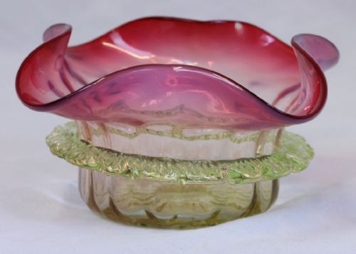 ANTIQUE CRANBERRY VASELINE GLASS PRESERVE DISH - ADDITIONAL PHOTO 3