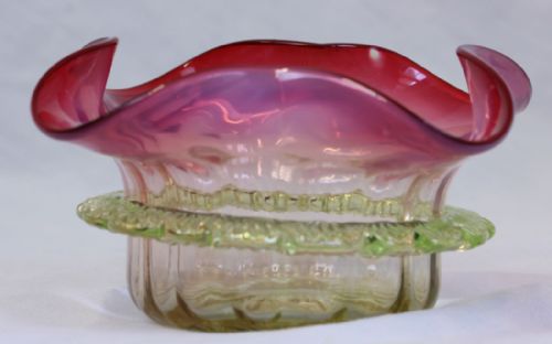 ANTIQUE CRANBERRY VASELINE GLASS PRESERVE DISH - ADDITIONAL PHOTO 4