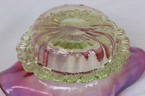 ANTIQUE CRANBERRY VASELINE GLASS PRESERVE DISH - ADDITIONAL PHOTO 7