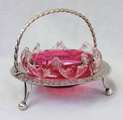 ANTIQUE CRANBERRY GLASS PRESERVE DISH SILVER PLATED STAND - ADDITIONAL PHOTO 2