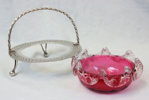 ANTIQUE CRANBERRY GLASS PRESERVE DISH SILVER PLATED STAND - ADDITIONAL PHOTO 6