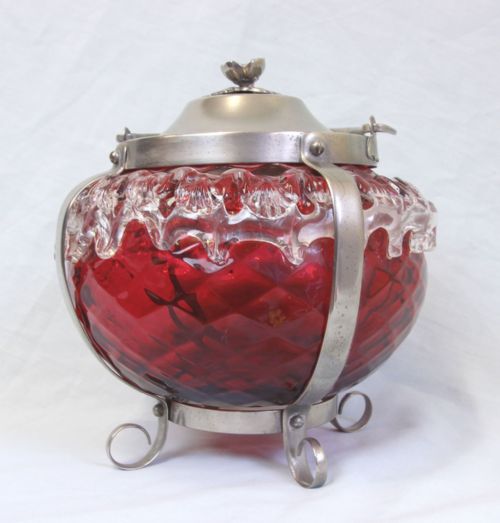 FINE ANTIQUE VICTORIAN CRANBERRY GLASS LARGE BISCUIT BARREL - ADDITIONAL PHOTO 2