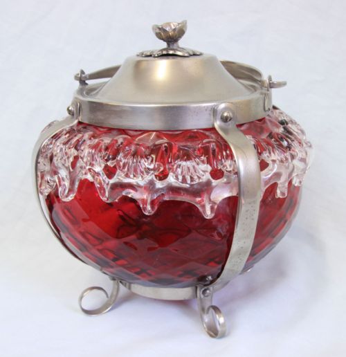 FINE ANTIQUE VICTORIAN CRANBERRY GLASS LARGE BISCUIT BARREL - ADDITIONAL PHOTO 3