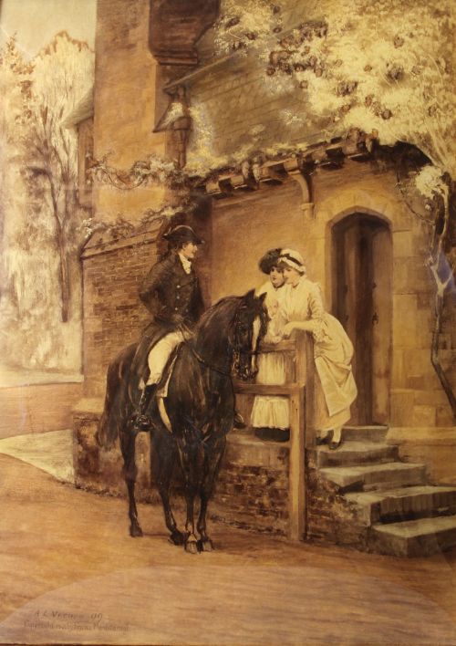 fig 1. A rectangular antique crystoleum picture depicting a man on horseback outside a stone building, enclosed within a wide gold gilt frame.