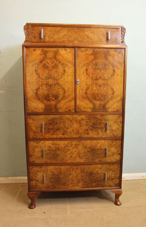 Burr Walnut Art Deco Tallboy Chest of Drawers