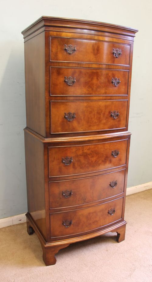 Georgian Style Burr Walnut Bow Front Chest on Chest of Drawers