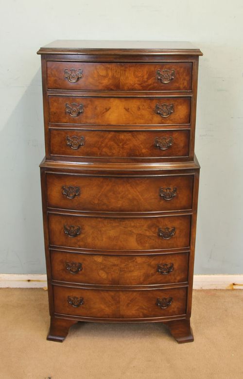 Small Burr Walnut Bow Front Chest on Chest of Drawers