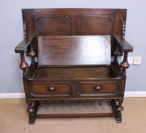 ANTIQUE OAK MONKS BENCH HALL SEAT SETTLE - ADDITIONAL PHOTO 8