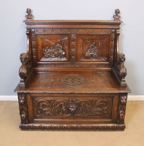 Antique Victorian Carved Oak Settle Monks Bench