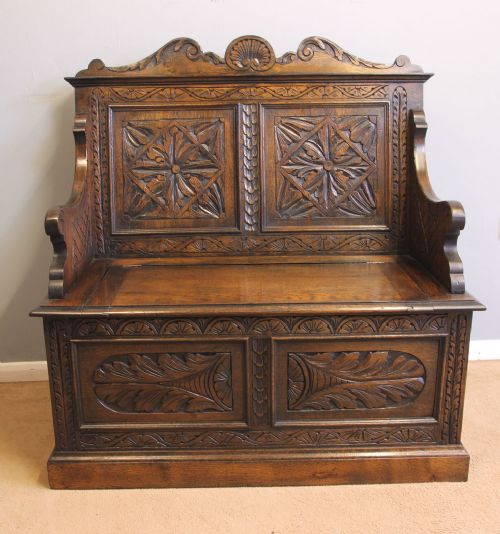 Antique Carved Oak Settle Hall Monks Bench.
