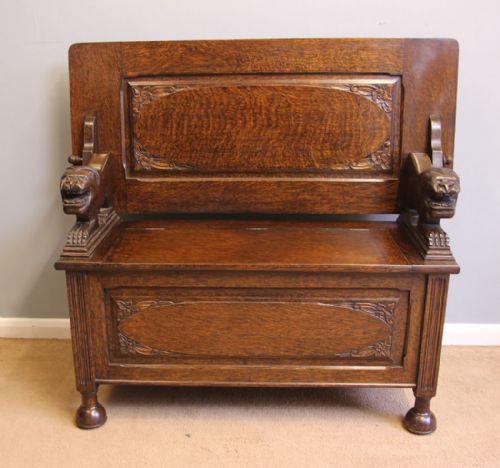 Antique Oak Hall Chair Seat Settle Monks Bench.