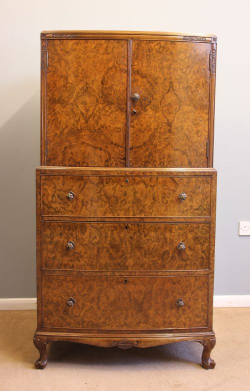 Antique Burr Walnut Bow Front Chest Drawers Tallboy.