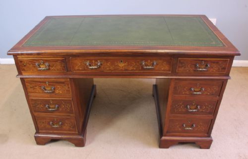 Antique Edwardian Inlaid Knee Hole Mahogany Pedestal Writing Desk.