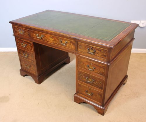 fig 1. Antique Edwardian Inlaid Knee Hole Mahogany Pedestal Writing Desk.