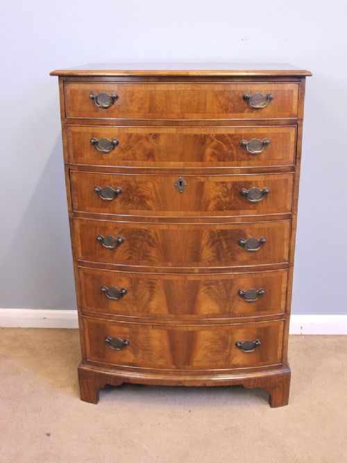 Antique Figured Burr Walnut Bow Front Chest of Drawers