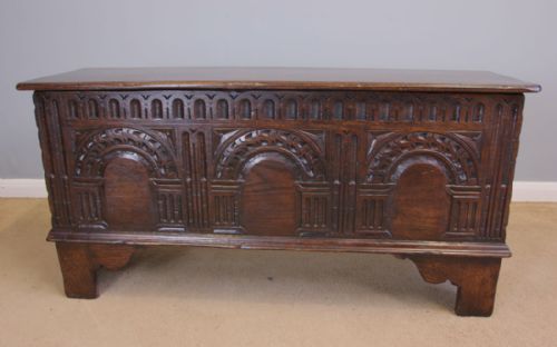 Antique Small Carved Oak Coffer Chest.