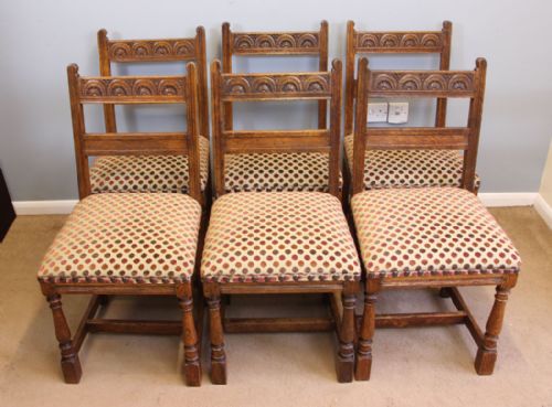 Set Six Antique Oak Country Dining Chairs.