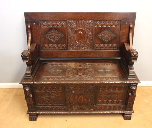 Antique Oak Monks Bench Hall Seat Settle.