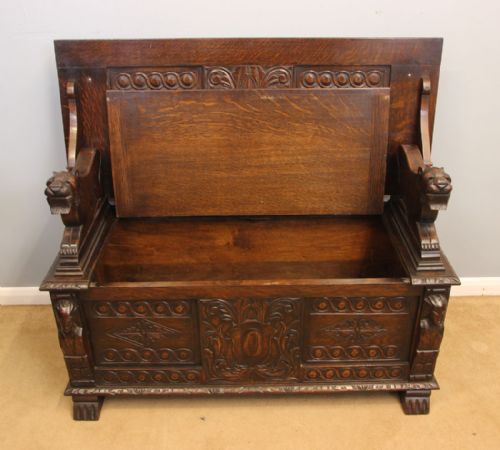 fig 1. Antique Oak Monks Bench Hall Seat Settle.