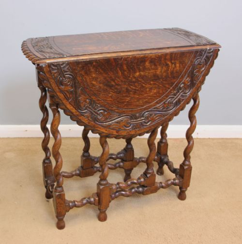 Antique Carved Oak Gateleg Drop Leaf Occasional Table
