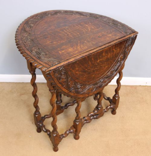 fig 1. Antique Carved Oak Gateleg Drop Leaf Occasional Table