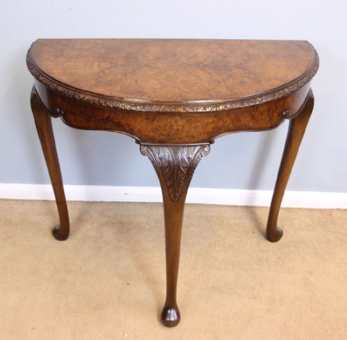 Antique Burr Walnut Demi Lune Console Side Table.