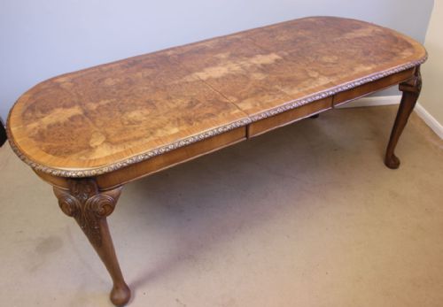 Antique Queen Anne Style Burr Walnut Extending Dining Table.