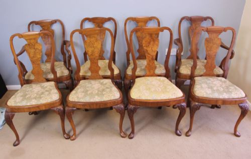 Set Eight Queen Anne Style Burr Walnut Dining Chairs.