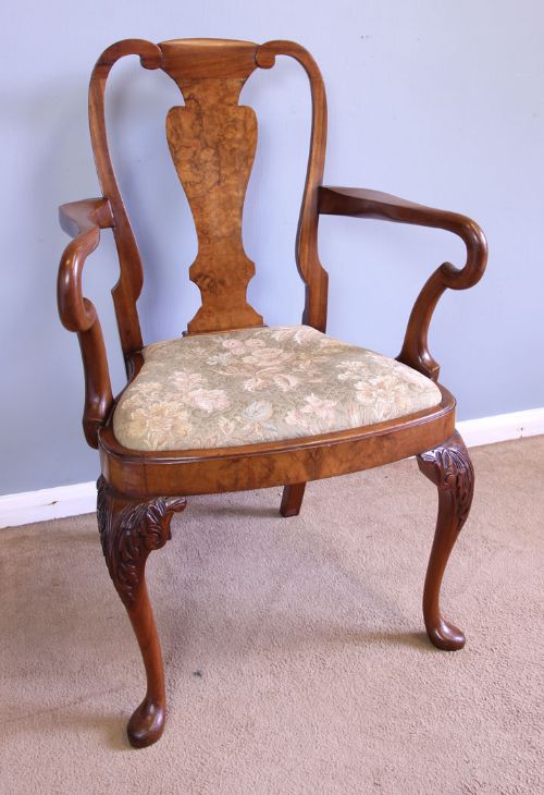 fig 1. Set Eight Queen Anne Style Burr Walnut Dining Chairs.