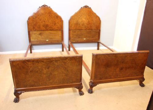 Pair Antique Burr Walnut Single Beds