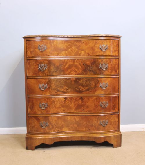 Serpentine Figured Burr Walnut Antique Chest of Drawers