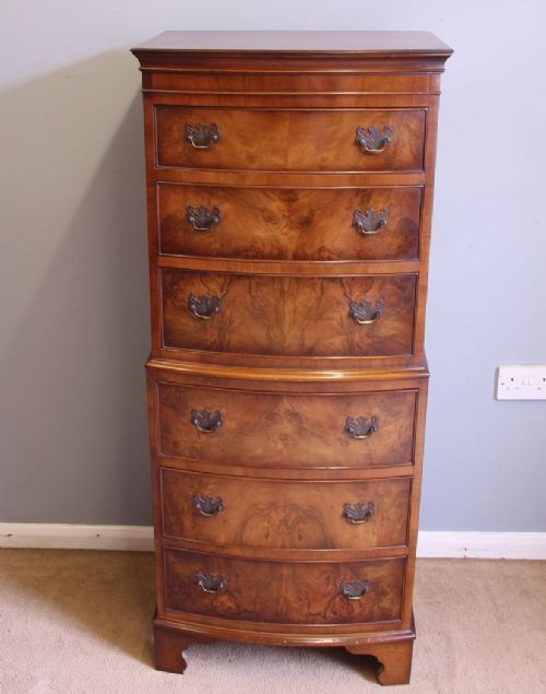 Georgian Style Burr Walnut Bow Front Chest on Chest of Drawers