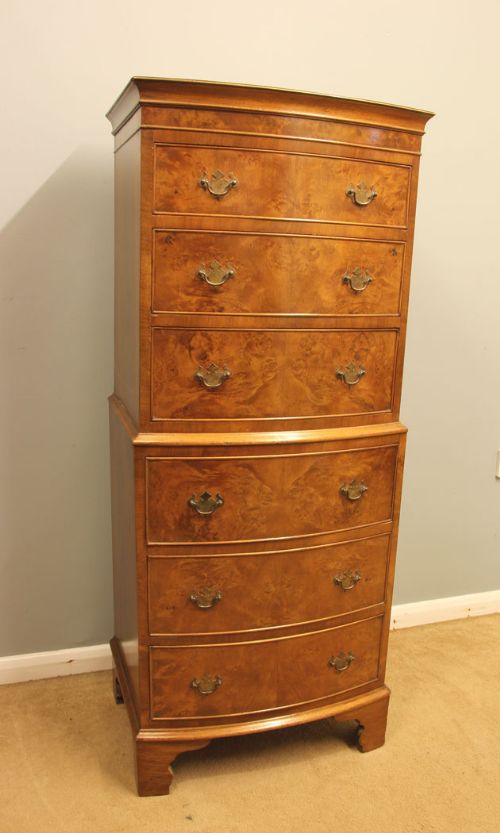 Burr Walnut Bow Front Chest on Chest of Drawers