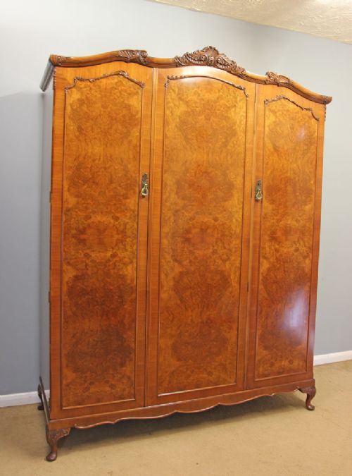 Quality Antique Burr Walnut Compactum Triple Wardrobe