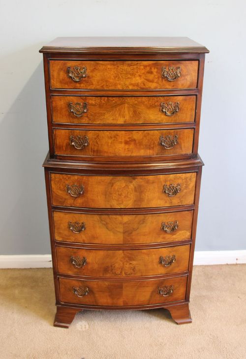 Antique Small Burr Walnut Bow Front Chest on Chest of Drawers.