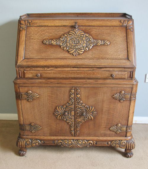 Quality Antique Unusual Carved Oak Bureau,.