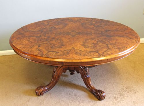 Antique Victorian Burr Walnut Oval Coffee Table.