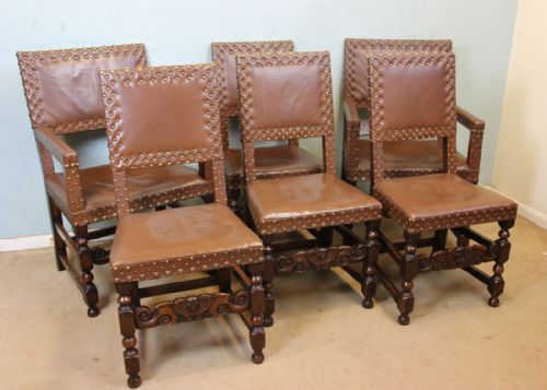 Antique Set of Six Oak Padded Back Dining Chairs.