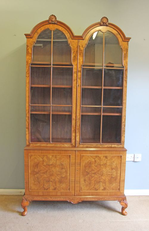 Antique Figured Walnut Cabinet Bookcase.
