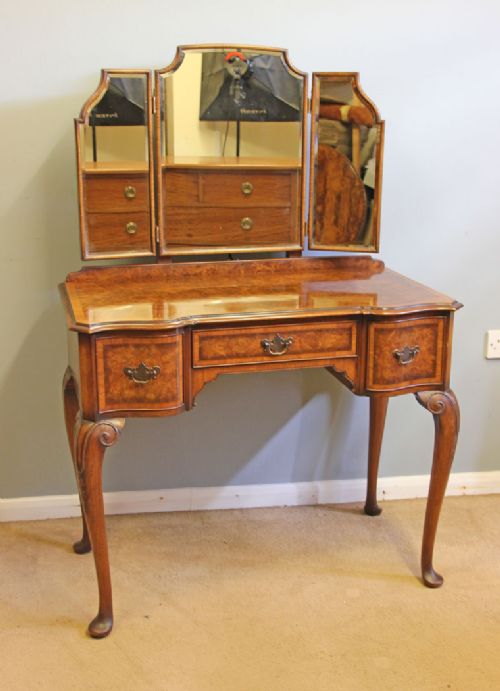 Antique Burr Walnut Triple Mirror Dressing Table.