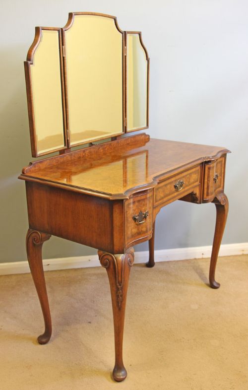 fig 1. Antique Burr Walnut Triple Mirror Dressing Table.