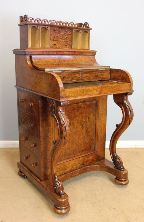 Quality Antique Burr Walnut Pop Up Piano Top Davenport Writing Desk.