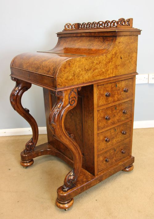fig 1. Quality Antique Burr Walnut Pop Up Piano Top Davenport Writing Desk.