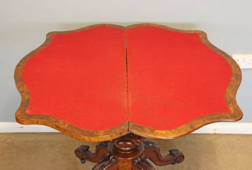 VICTORIAN ANTIQUE BURR WALNUT SERPENTINE FRONT CARD GAMES TABLE - ADDITIONAL PHOTO 7