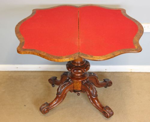 VICTORIAN ANTIQUE BURR WALNUT SERPENTINE FRONT CARD GAMES TABLE - ADDITIONAL PHOTO 9